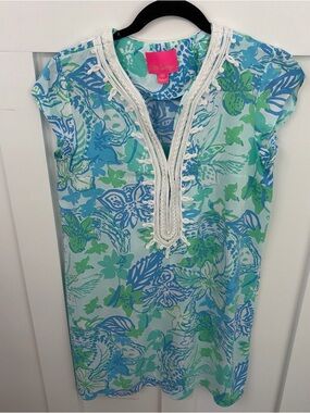 Lilly Pulitzer Pink-Label Blue & Green Abstract Print Tunic-Medium-Cap sleeves